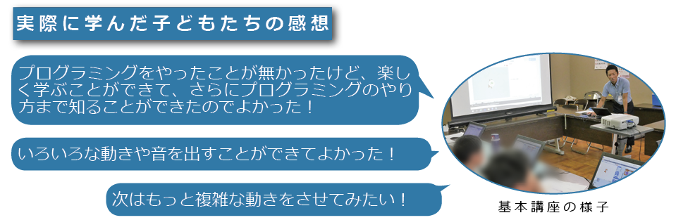 実際に学んだ子供たちの感想 プログラミングをやったことがなかったけど、楽しく学ぶことができて、さらにプログラミングのやり方まで知ることができたのでよかった！